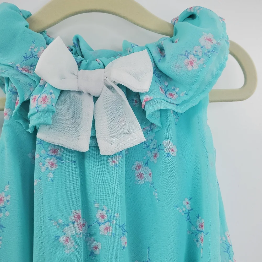 Younglands Baby Teal Floral Dress Bow Front Shift - Picture 3 of 5